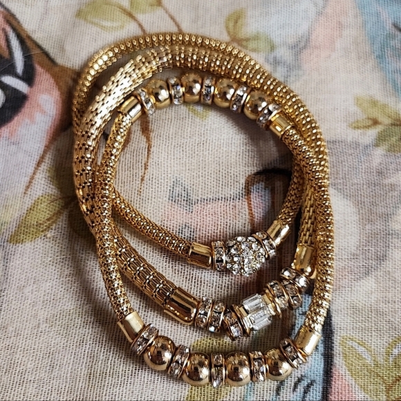 3 Gold Tone Metal Mesh Tube Clear  Rhinestone Bracelets New York & Company NWT - Picture 9 of 13